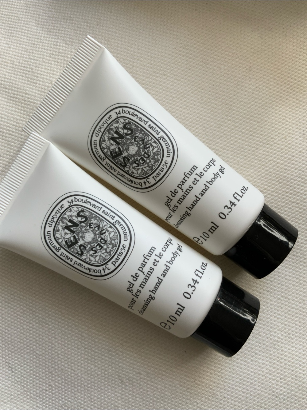 Set of TWO Diptyque Eau des Sens cleansing hand and body gel TRAVEL MINI 10ML